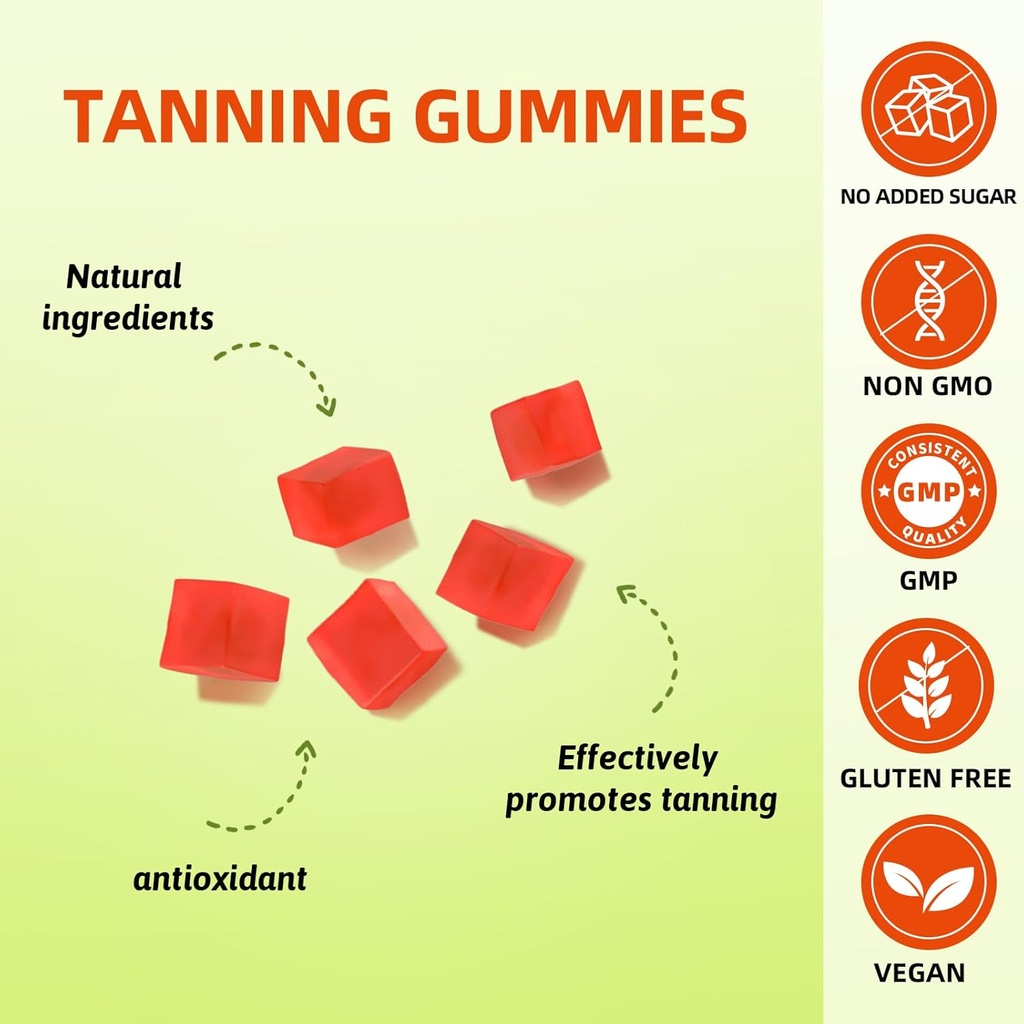 Tanning Gummies Supplement for Adults: Daily Tanning Gummies with Astaxanthin, Collegen, Lycopene, zinc (Citrate), Vitamin for Tanning Supplement Skin Health & Glow Reduce Sun Sensitivity 5