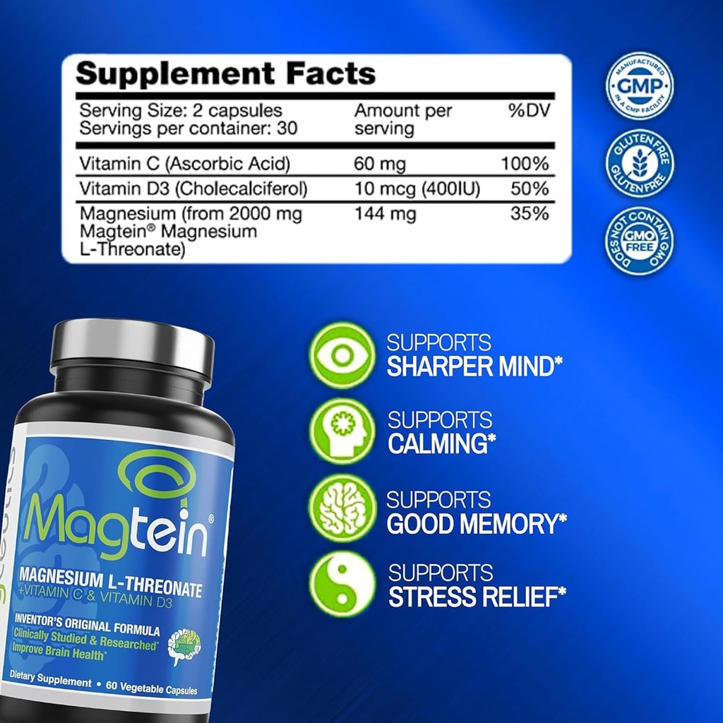 Magtein Magnesium L-Threonate 60 Capsules, Magceutics Adult Gummies 150 Count, Vitamin D3 K2 30 Capsules - Bundle 3