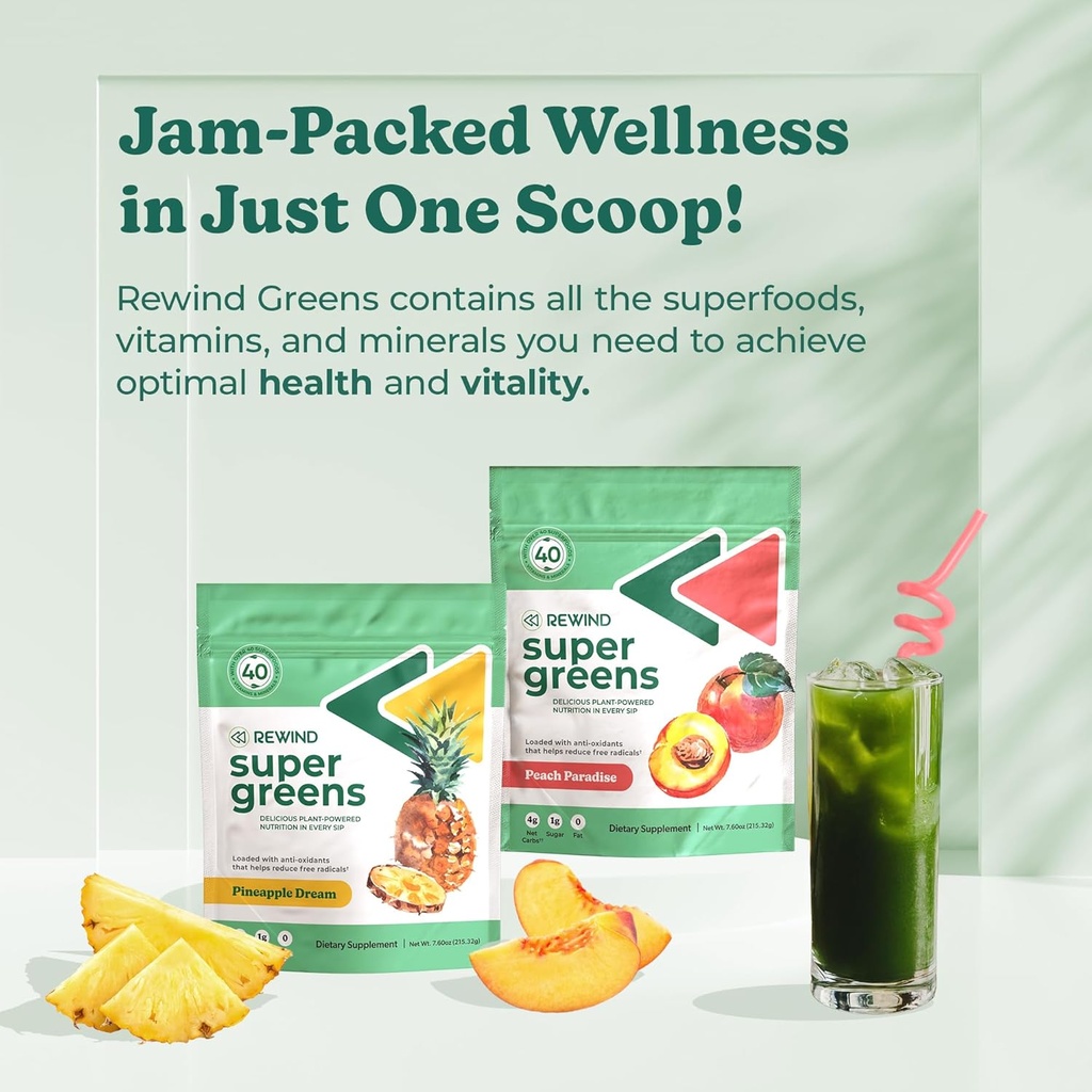 Rewind Super Greens Powder - Supports Energy, Immunity, and Gut Health - Over 40 Superfoods - Delicious Powdered Greens - Pineapple and Peach 4