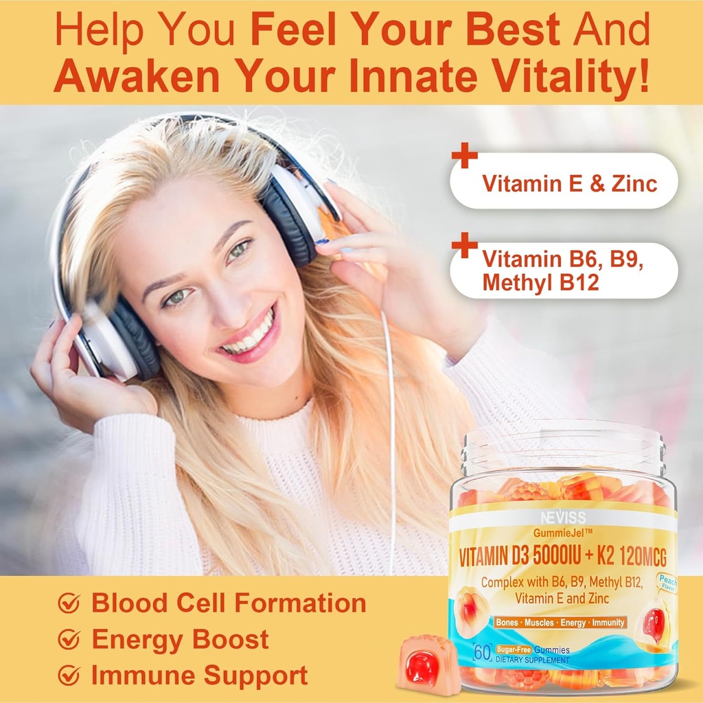 NEVISS Vitamin D3 5000IU + K2 (MK-7) 120mcg Filled Gummies + Vegan Omega 3 Gummies 1000mg 5