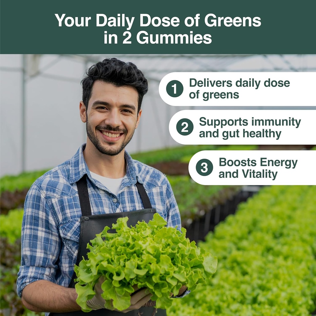 Daily Greens Plus Gummies - Superfood Blend with Chlorella, Spirulina, Beetroot, Lion’s Mane, Ashwagandha & Reishi for Energy, Stress Relief & Wellness - Raspberry Flavored - 60 Count 4
