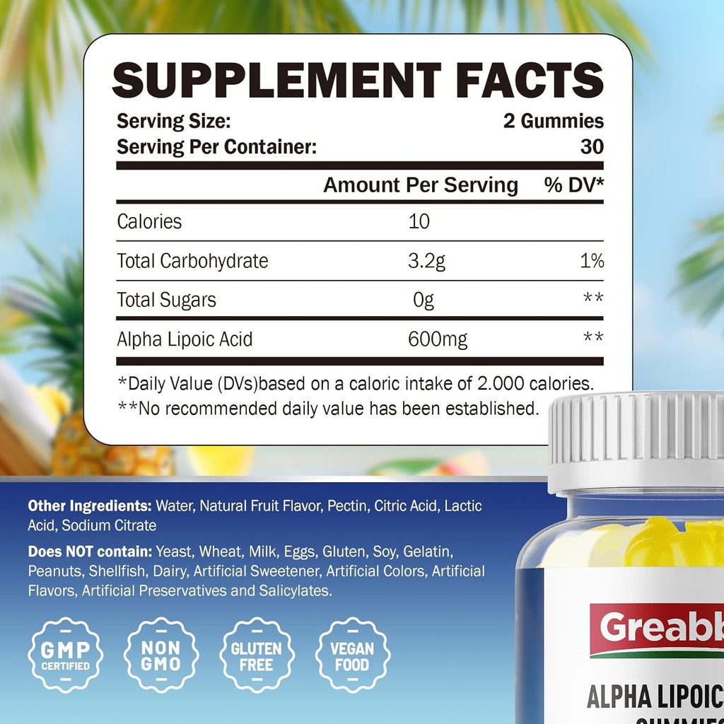 Alpha Lipoic Acid 600mg Gummies, Sugar Free Chewable ALA Supplement for Antioxidant & Nervous System Support, Brian & Skin Health, Pineapple Flavor, 120 Count 3
