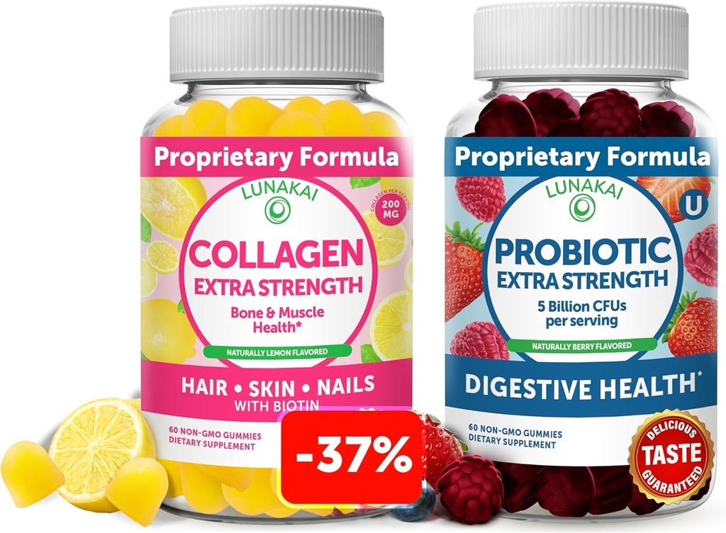 Lunakai Collagen and Probiotic Gummies Bundle - Non-GMO, Gluten Free - Anti Aging, Hair Growth, Skin Care & Strong Nails and Digestive Health - 30 Days Supply 2