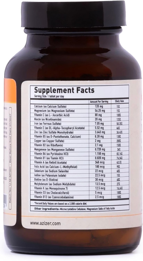 U-MORE Multivitamin & Mineral Complex, Vegan, Sugar-Free, Gluten-Free, Calcium, Magnesium, Vitamin A, B1, B2, B5, B6, B12, D3, K, C, Iron, Zinc, Supports Immune System & Overall Health - 60 Tablets 3