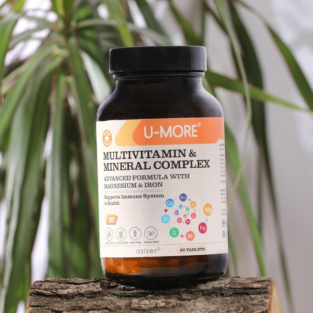 U-MORE Multivitamin & Mineral Complex, Vegan, Sugar-Free, Gluten-Free, Calcium, Magnesium, Vitamin A, B1, B2, B5, B6, B12, D3, K, C, Iron, Zinc, Supports Immune System & Overall Health - 60 Tablets 5