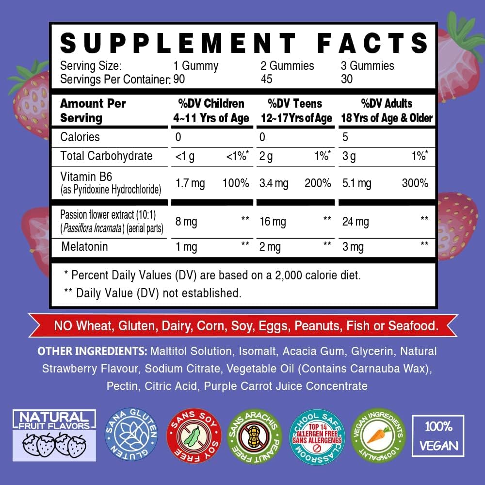 Melatonin Gummies 1mg for Kids (Sugar-Free) - Sleep Gummies with Vitamin B6 and Passionflower for Fall Asleep Faster, Vegan, Non-GMO, Strawberry Flavored 90 Count 3