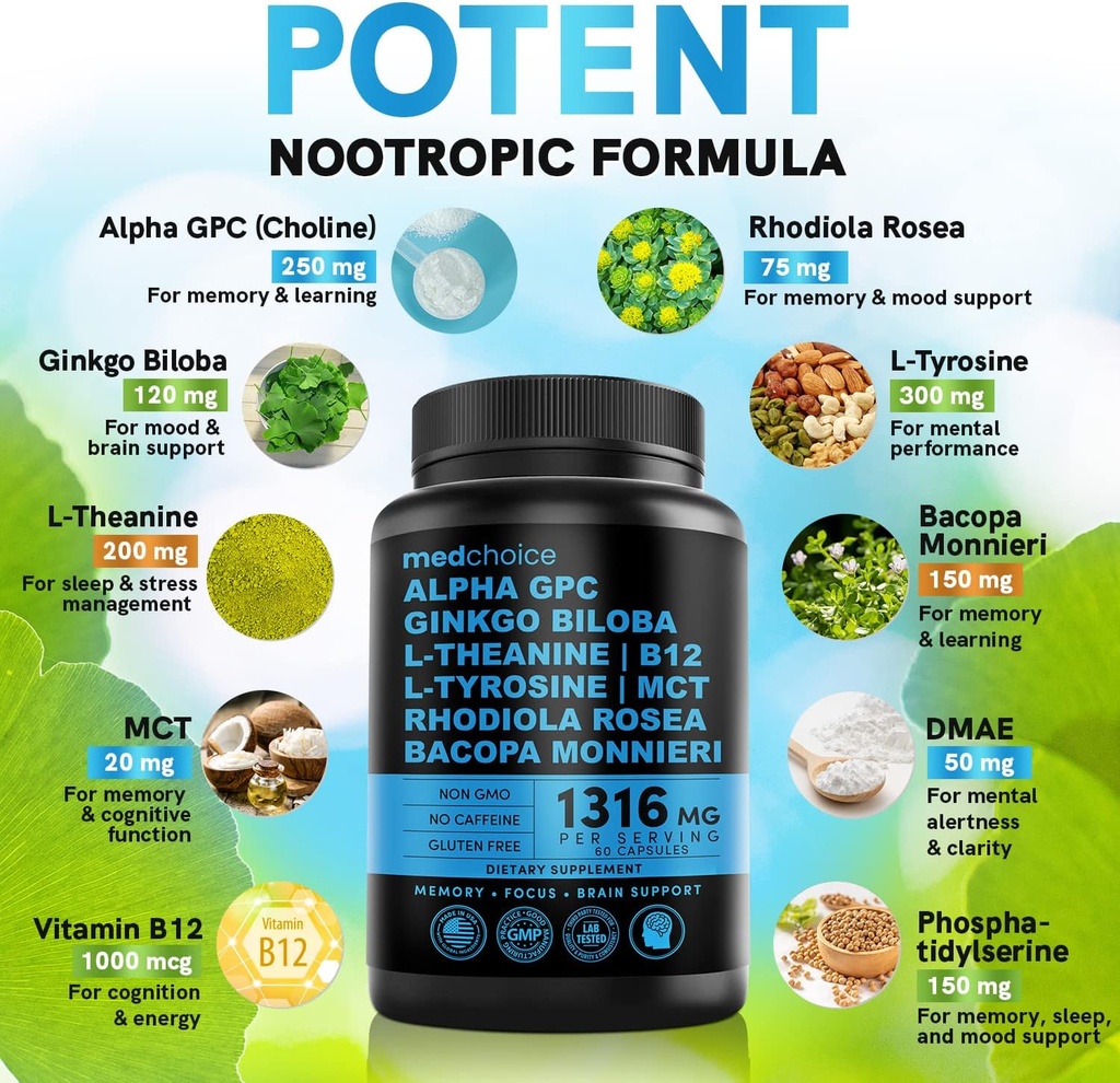 MEDCHOICE Sleep Melatonin (90ct), Turmeric & Ginger (120ct), and Nootropic Brain (120ct) Supplement Bundle - Wellness Trio for Brain, Sleep, & Immune Support - Vegan, Non-GMO, Gluten-Free 5