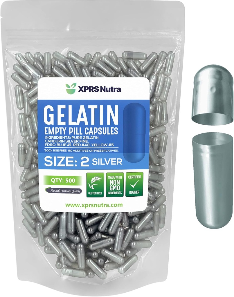 XPRS Nutra Size 2 Empty Capsules - 500 Count Empty Gelatin Capsules - Pills DIY Capsule Filling - Pure Bovine Pill Gel Caps for Do-It-Yourself Supplements (Silver) 2