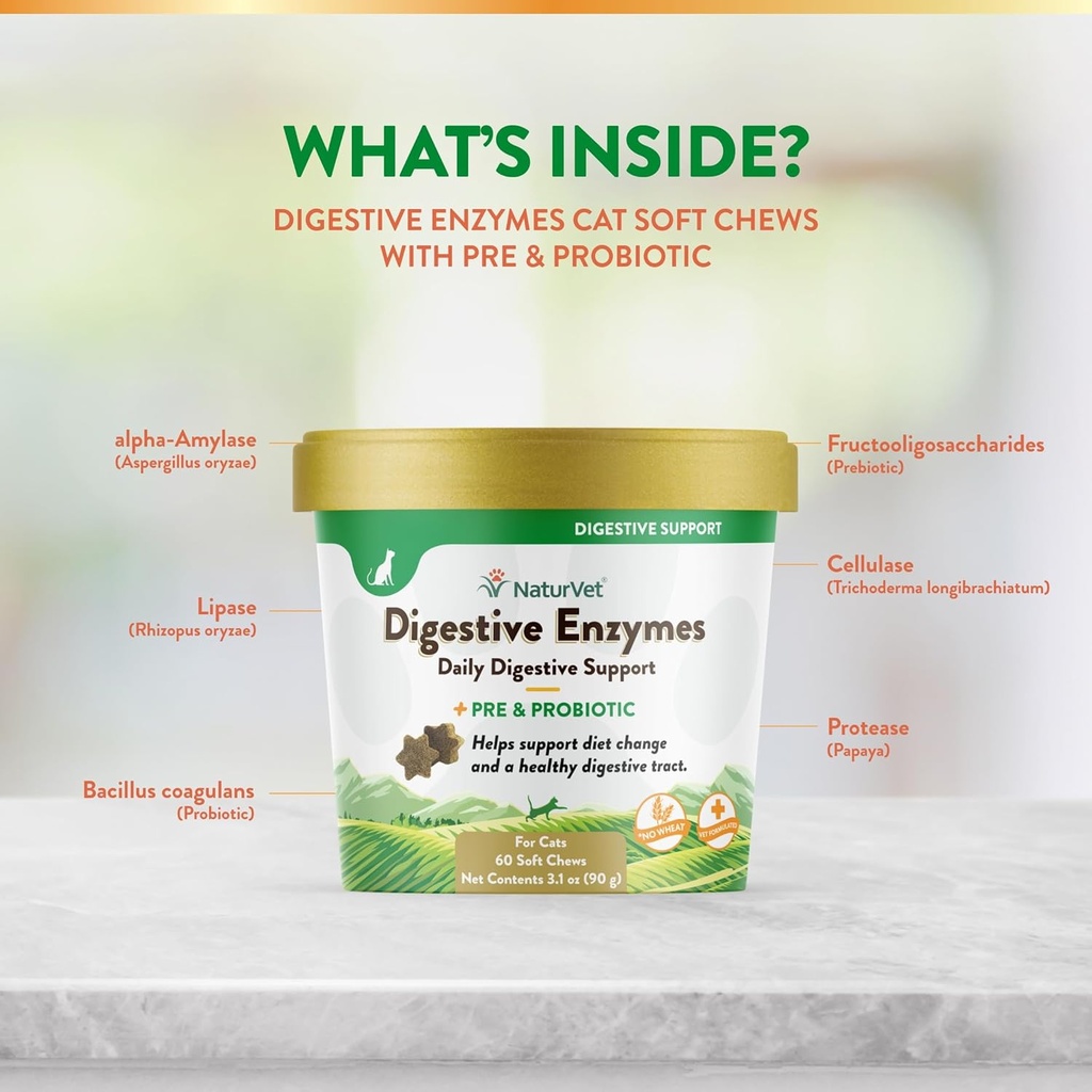 NaturVet – Digestive Enzymes for Cats Plus Probiotics – 60 Soft Chews – Helps Support Diet Change & A Healthy Digestive Tract – Aids in The Absorption of Vitamins & Minerals – 30 Day Supply 6
