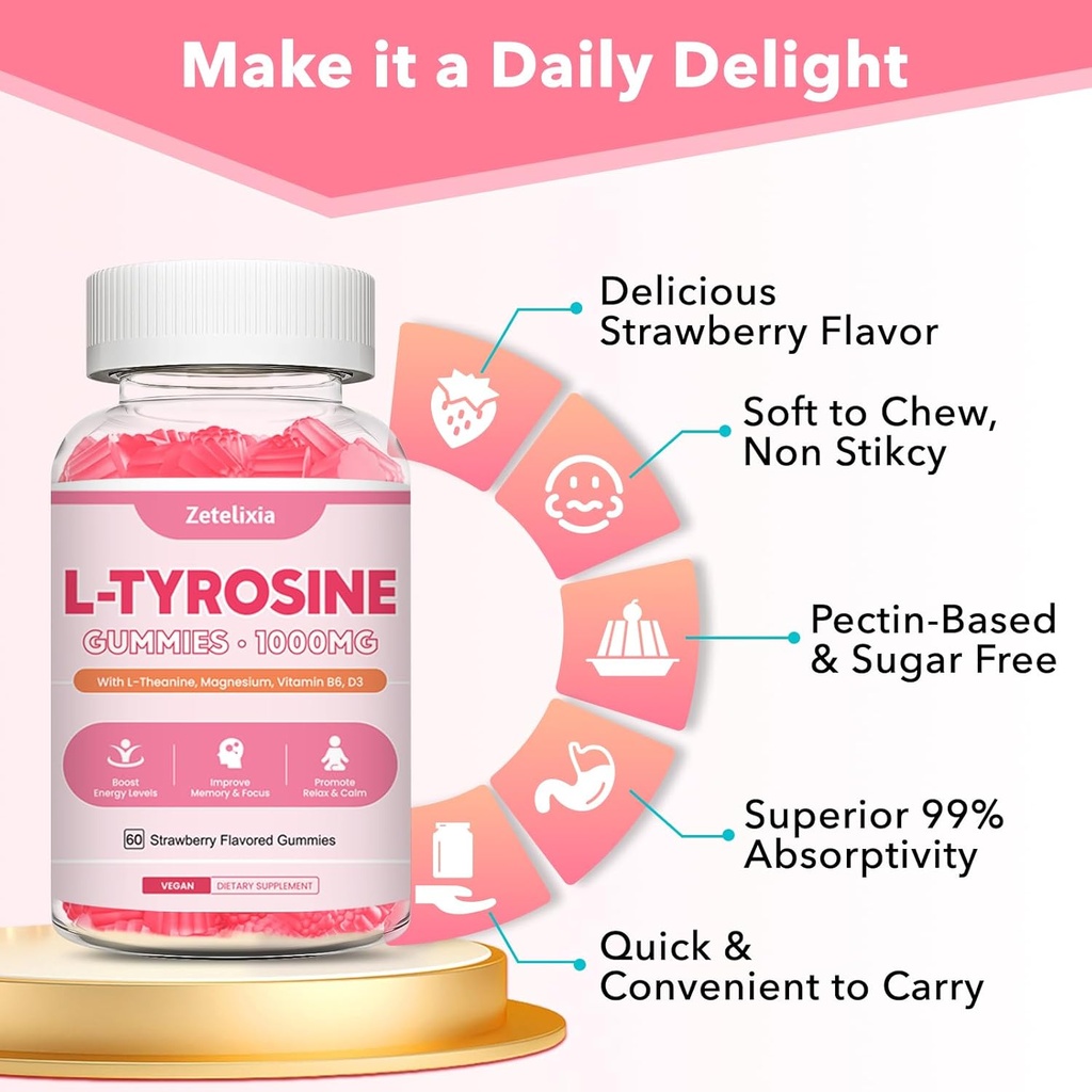 L Tyrosine Gummies, L-Tyrosine Supplement Gummies, L-Theanine Gummies with Vitamin B6 D3, Focus Gummies Support Brain, Memory, Energy, Mood for Adult & Kids, Strawberry Flavor, 60 Count 6