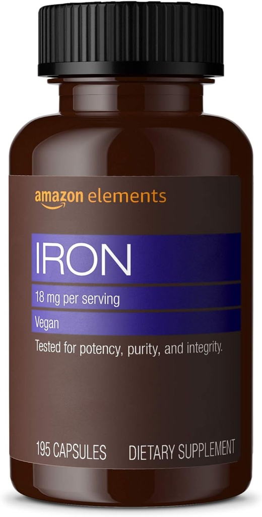 Elements Iron 18mg Capsules, Supports Red Blood Cell Production, Vegan (195 Count, 6 Month Supply) and   Elements Vegan Biotin 5000 mcg - Hair, Skin, Nails (130 Capsules, 4 Month Supply) 3