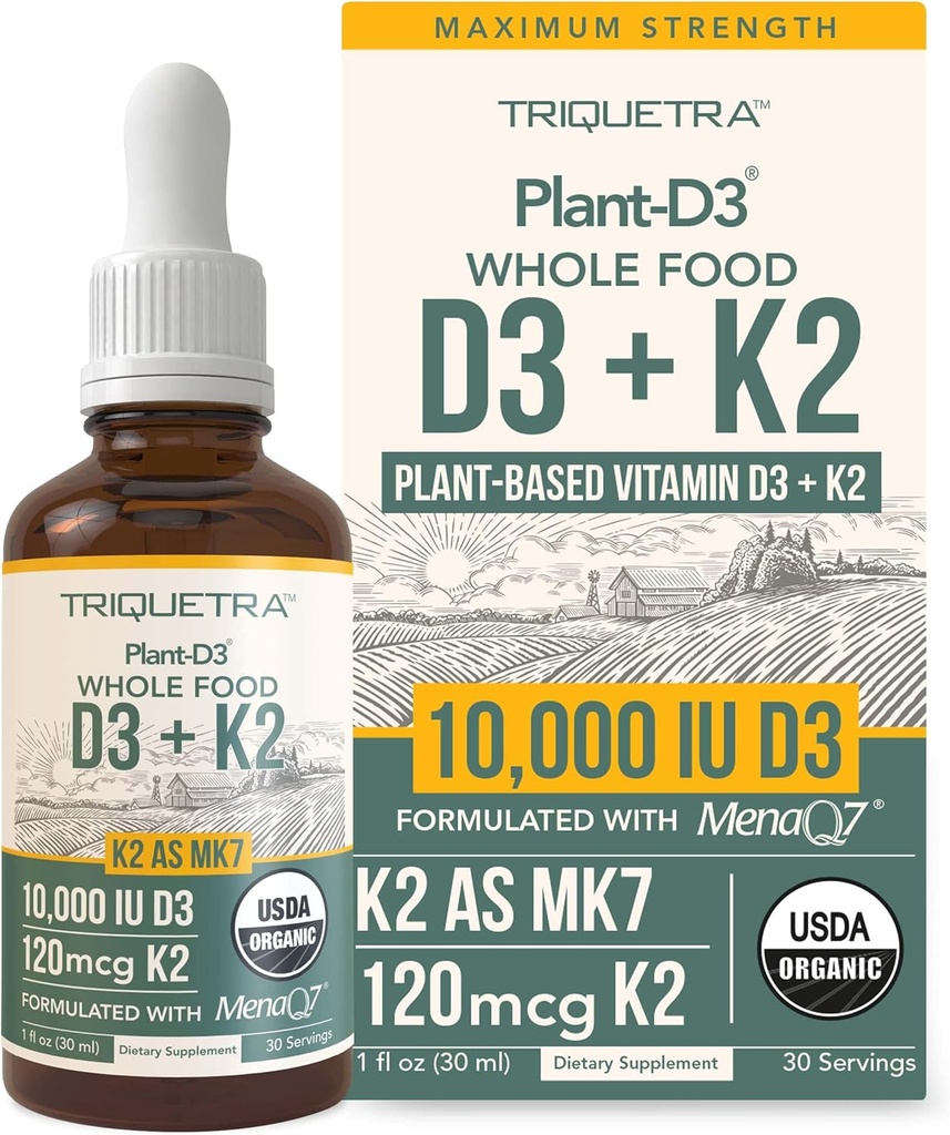 Organic Plant D3 + K2 - 10,000 iu - All-Trans MK7 from MenaQ7 (120 mcg K2)100% Organic & Plant-Based Sublingual D3 Drops (Cholecalciferol), 100% Vegan - Supports Immunity, Bone, Mood & Brain (2 Pack) 2