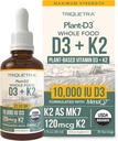 Organic Plant D3 + K2 - 10,000 iu - All-Trans MK7 from MenaQ7 (120 mcg K2)100% Organic & Plant-Based Sublingual D3 Drops (Cholecalciferol), 100% Vegan - Supports Immunity, Bone, Mood & Brain (2 Pack) 2
