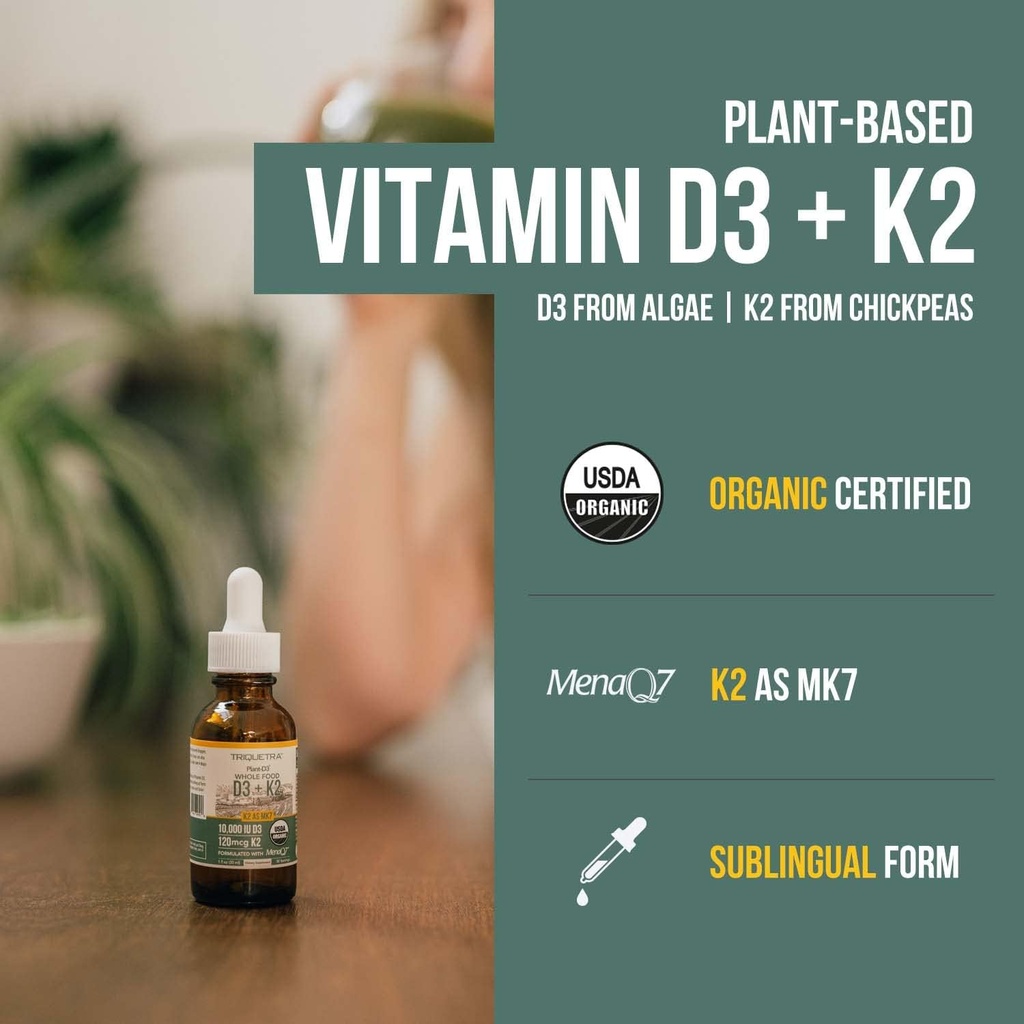 Organic Plant D3 + K2 - 10,000 iu - All-Trans MK7 from MenaQ7 (120 mcg K2)100% Organic & Plant-Based Sublingual D3 Drops (Cholecalciferol), 100% Vegan - Supports Immunity, Bone, Mood & Brain (2 Pack) 3
