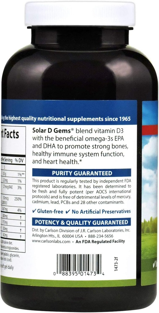 Carlson - Solar D Gems, Vitamin D3 and Omega-3 Supplement, 2000 IU Vitamin D3, 115 mg Omega-3s EPA and DHA, Vitamin D Fish Oil Capsule, Bone & Immune Health, Vitamin D Supplement, Lemon, 360 Softgels 4