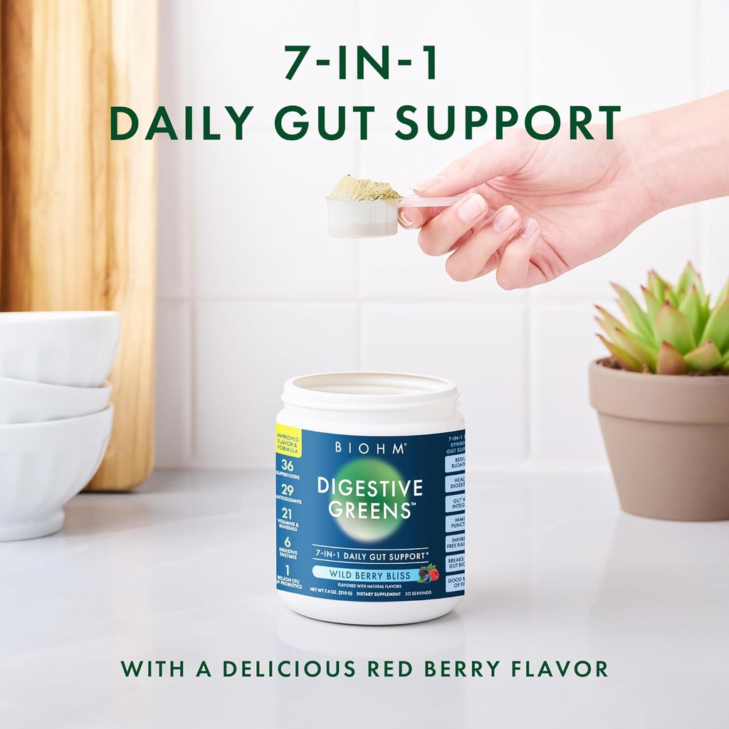 BIOHM Digestive Reds, Superfood Powder (7.4 Oz, 30 Servings) Antioxidants, Vitamins, Probiotics, Digestive Health for Women and Men with Enzymes, Beets, Goji, Pomegrante, Red Berry Flavor 6