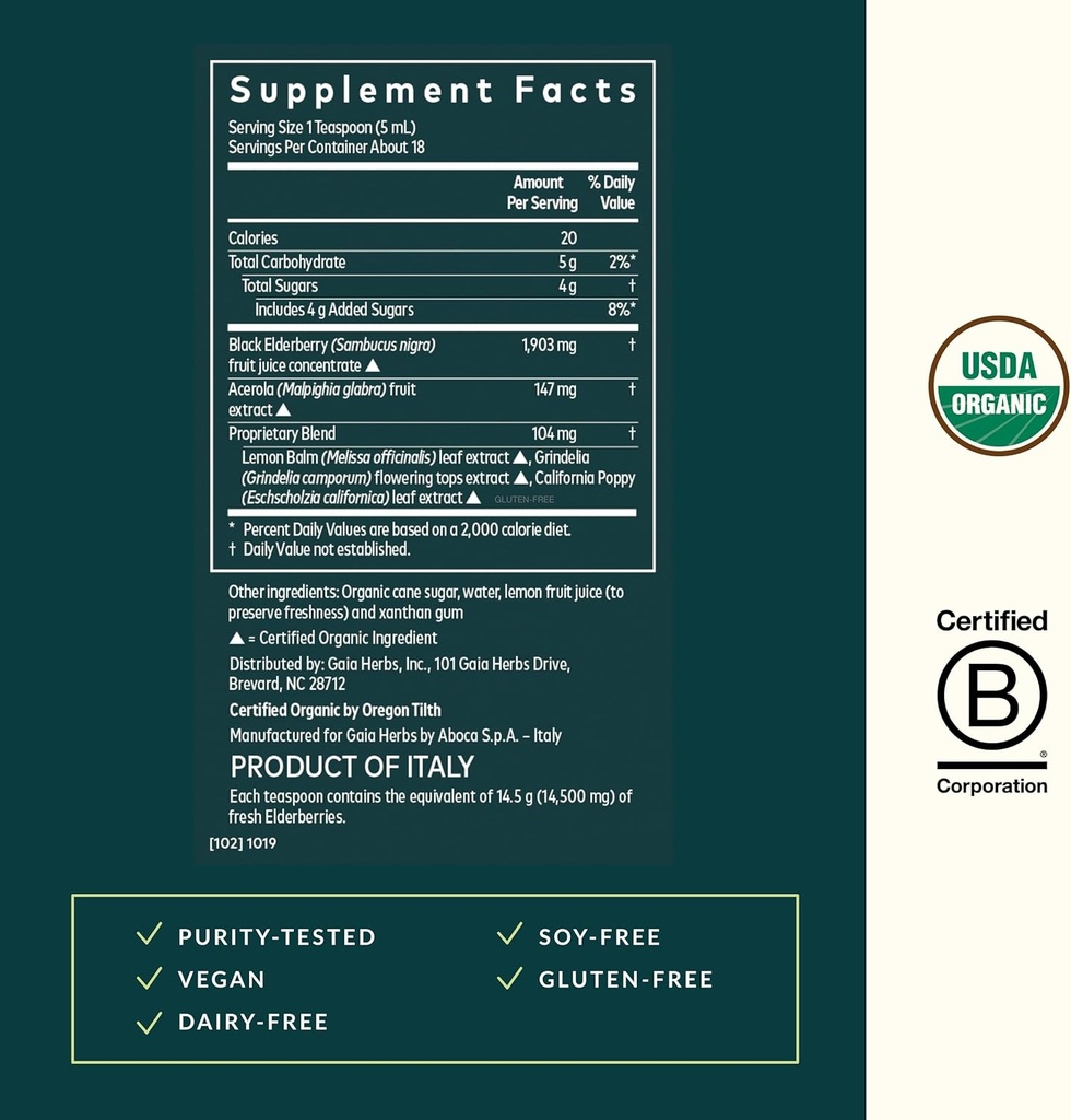 Gaia Herbs Black Elderberry, Nighttime Syrup - Immune Support Supplement - with Organic Black Elderberries, California Poppy & Lemon Balm for Restful Sleep & Immune Defense - 3 Fl Oz (18-Day Supply) 4