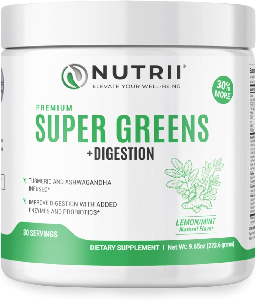 Organic Green Immunity Superfood Powder - Soothes Digestion, Boosts Healthy Vitality and Energy. Fast Acting Formula with Probiotics, Enzymes, Turmeric and Ashwagandha (30 Servings Lemon-Mint) 2