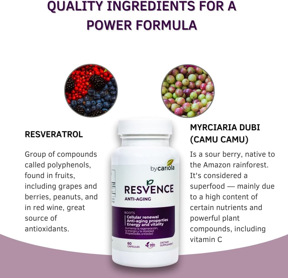 Resvence Resveratrol Supplement Capsules - Antioxidant - Boost Immune System - Energy & Vitality - Cellular Renewal - Supports General Wellbeing - Resveratrol - Camu Camu - 60 Caps 4