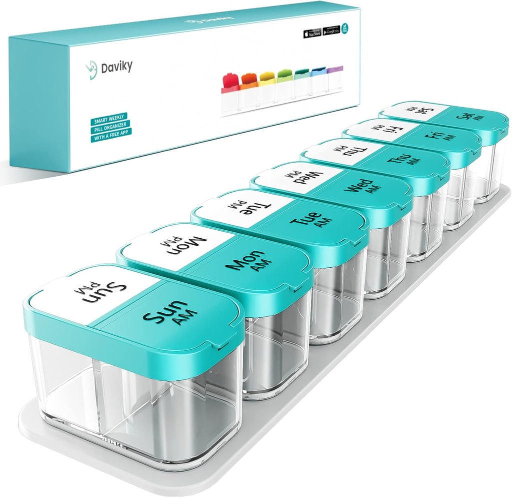 Daviky Large Weekly AM PM Pill Organizer - 7 Day, 2 Times a Day With Extra Large Compartments for Vitamins, Medicine, Supplements (Cyan) 2