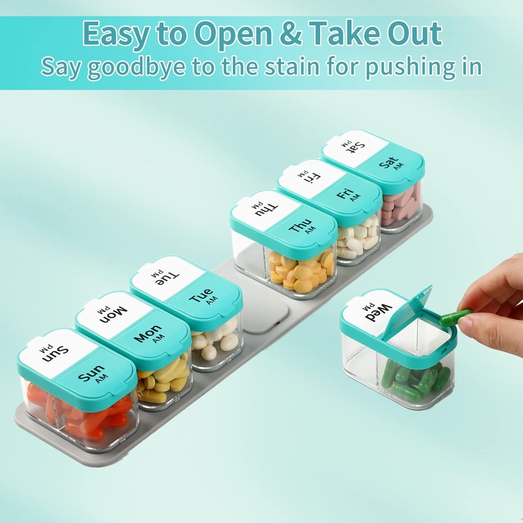 Daviky Large Weekly AM PM Pill Organizer - 7 Day, 2 Times a Day With Extra Large Compartments for Vitamins, Medicine, Supplements (Cyan) 6