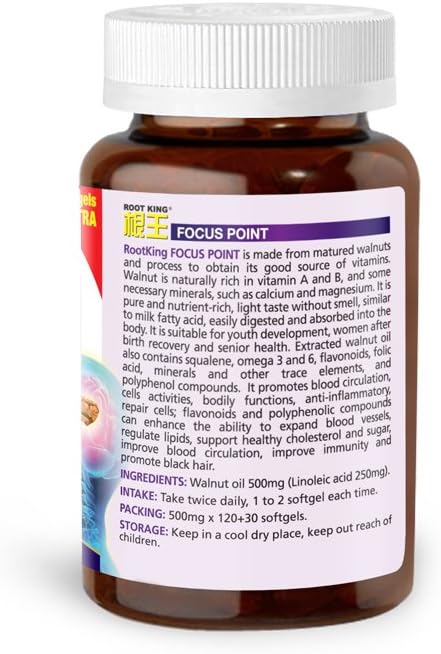 ROOT KING Focus Point (150 softgels) - Walnut Oil,Natural Protein - Memory Enhancer Supplement - Brain,Memory, Clarity Support Suitable for Post Pregnancy/Children -Increase Alertness 4