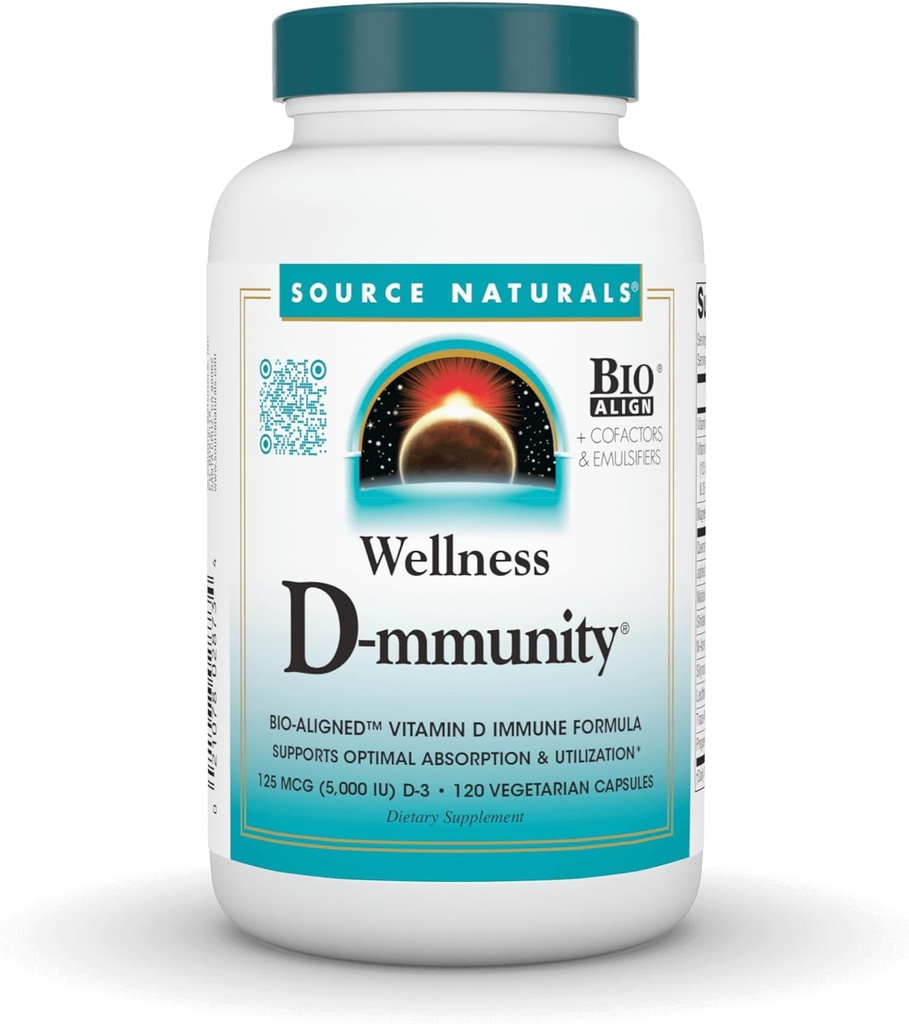 Bron Naturals Wellness D-munity, Bio-uitgelijnd Vitamine D Immune Formule, Ondersteunt optimale absorptie en gebruik* - 120 Vegetarische Capsules