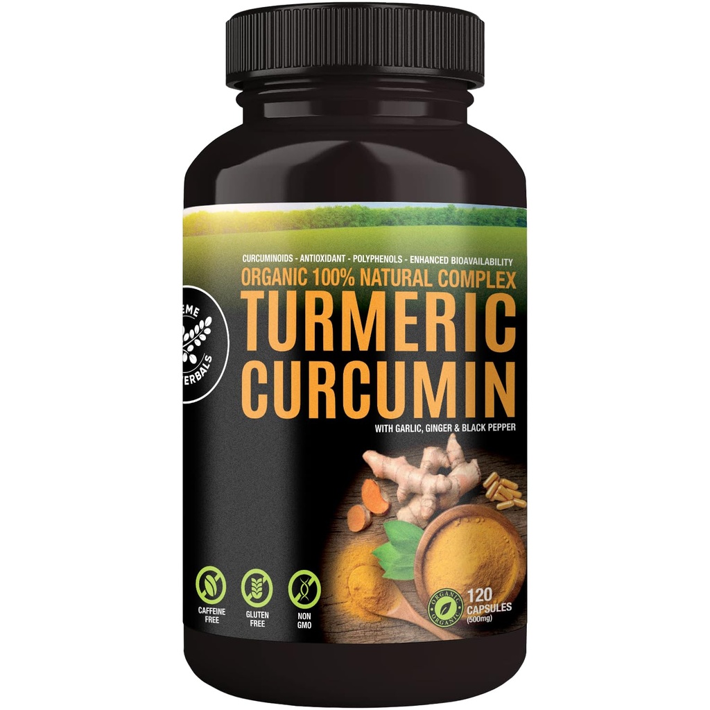 100% rauwe en Organische Kurkuma Capsules. Gecertificeerd Organisch, Glutenvrij, Non-GMO en Cafeïnevrij. Verbeterd met Knoflook, Gember en Black Pepper, 500mg, 120 Vegan Capsules
