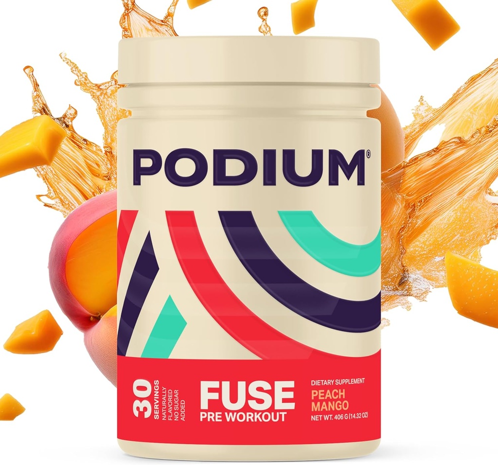 Podium Nutrition, Fuse Pre Workout Powder, Peach Mango, 30 Servings, Beta Alanine and Caffeine for Energy, Gluten Free, Soy Free, Dairy Free