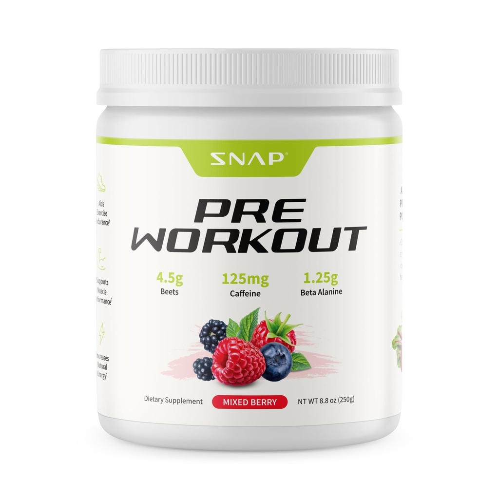 Snap Supplementen Preworkout Beetwortelpoeder, Nitric Oxide Preworkout Supplement voor mannen en vrouwen - Energie en gezondheid van het hart Ondersteuning, 8,8 oz, (30 porties, 1 maand levering), gemengde Berry