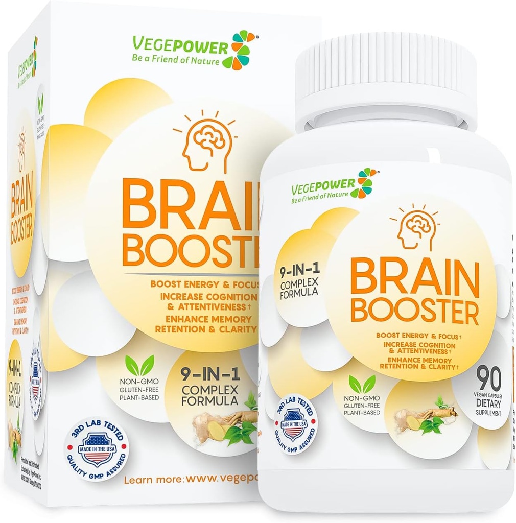 Brain Booster Natural Nootropics Supplement - Verbeter Focus, Geheugen, Helderheid, Energie en Verminder Vergeetachtigheid Anti-Aging voor Vrouwen Mannen, Guarana, Ginseng, Rhodiola Extract Vegan 90 Capsules