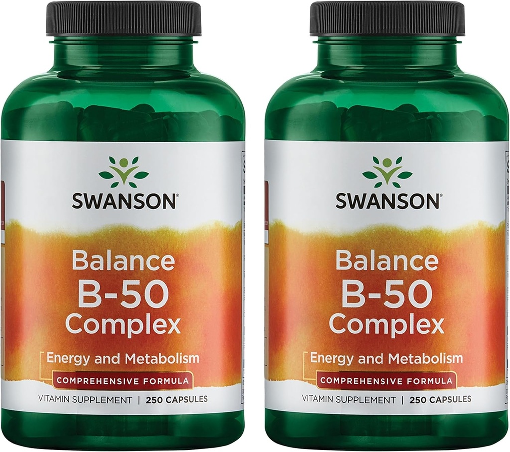 Swanson B-50 B-complex - B vitaminecomplex met hoge potentie en biologische beschikbaarheid - bevordert de ondersteuning van het immuunsysteem, helpt de gezondheid van het hart en ondersteunt het gezonde zenuwstelsel - (250 capsules) (2 verpakkingen)