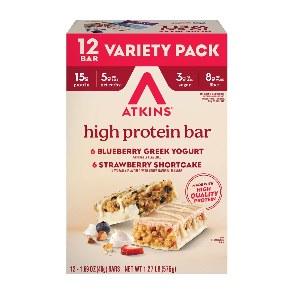 Atkins Blueberry Greek Yogurt & Strawberry Shortcake High Protein Bar, High Fiber, Keto Friendly, 12 Count (6 Bars Each Flavor)