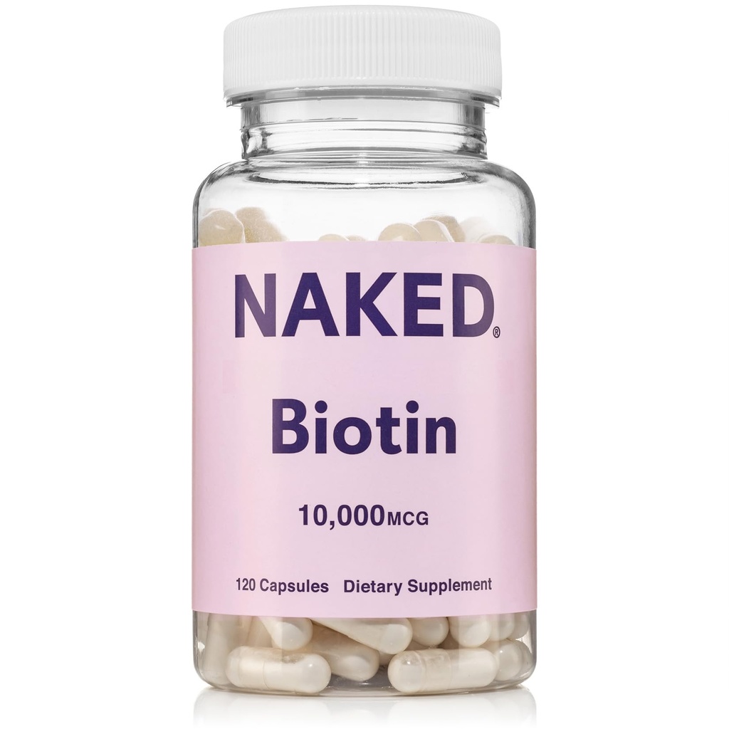 NAKED Biotin 10.000mcg - Max Strength Vitamine B7 Supplement voor gezond haar, huid en nagels ondersteuning - Niet-GMO, Glutenvrij, Veganistisch - Ondersteunt Keratine productie - 120 capsules