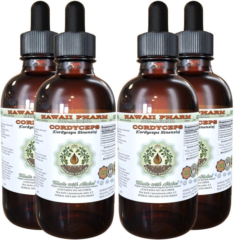 Cordyceps Alcoholvrije Liquid Extract, Cordyceps (Cordyceps Sinensis) Mushroom Glycerite Hawaii Pharm Natural Herbal Supplement 4x4 oz