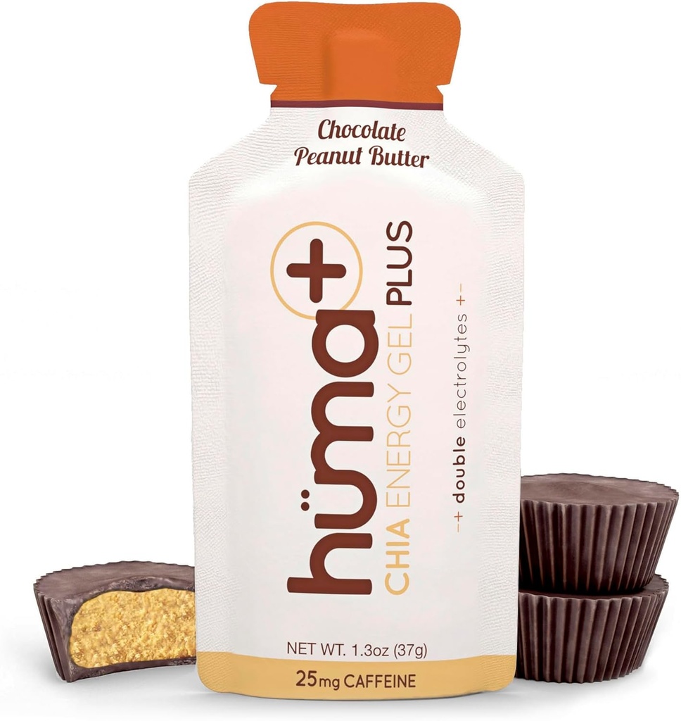 Huma Plus (Dubbele Elektrolyten) - Chia Energy Gel, Chocolade Pindakaas, 12 Gels - Maagvriendelijk, Real Food Energy Gels