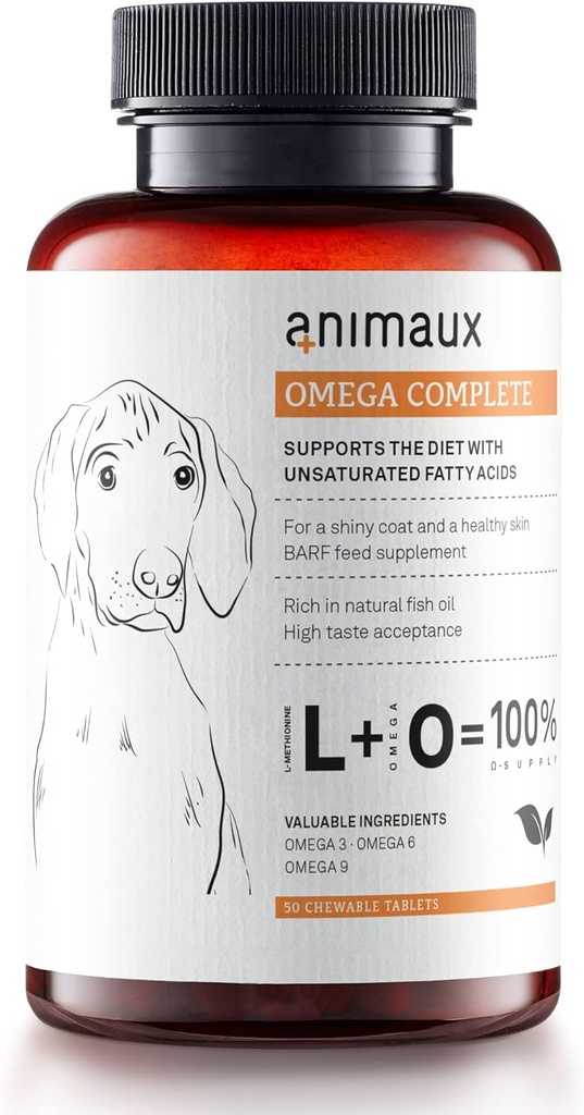animaux - Omega Complete for Dogs Fish Oil Tablets, Omega 3,6 & 9 Fatty acids to Support Vitality, Bone Structure, Barf Supplement, Salmon Oil for Skin & Coat, 50 chewable Tablets, 100 Days Supply