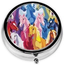 Leuke cartoon paarden Gedrukte ronde pil Organisator met 3 afdelingen, Portable Mini Pill Box Pill Case voor Geneeskunde, Vitamine, Visolie, Supplementen
