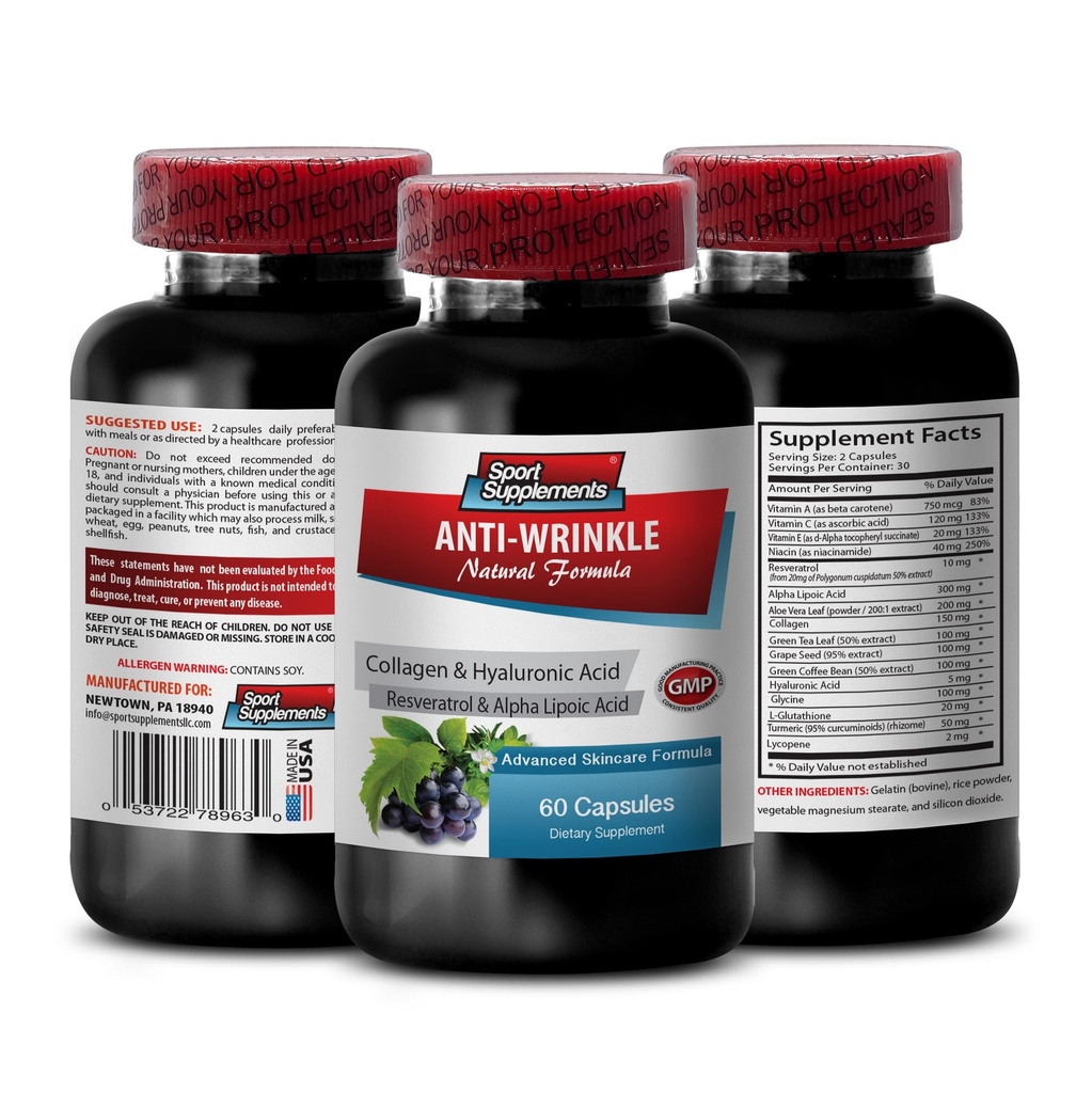 Resveratrol 250 - Anti-rimpel pillen - Anti-veroudering huidverzorging voor vrouwen, collageen anti rimpel pillen, aloë vera sap voor de huid, aloë vera capsules organische, melkzuur vitaminen, 1 Bot 60 Capsules