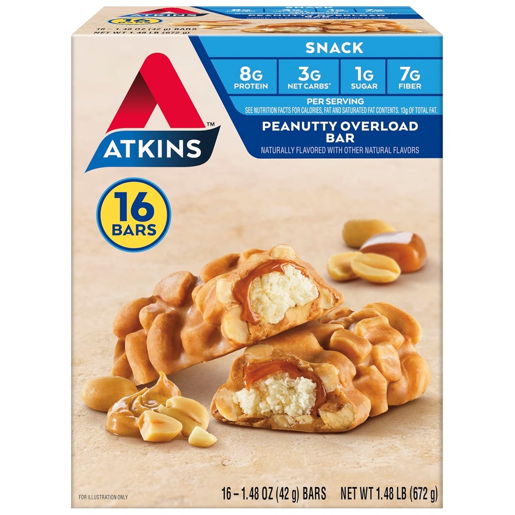 Atkins Snack Bar, Peanutty Overload, 8g Proteïne, 7g Fiber, 3g Net Carbs, Keto Friendly, 16 Tellen