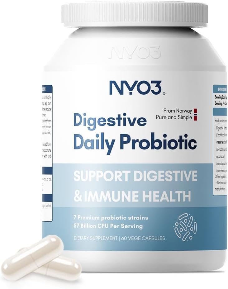 NYO3 Digestieve Probiotica 57 Bilion CFU 7 Strains,60 Capsules, Bloat Relief, Ondersteunt Digestie & Immune Health
