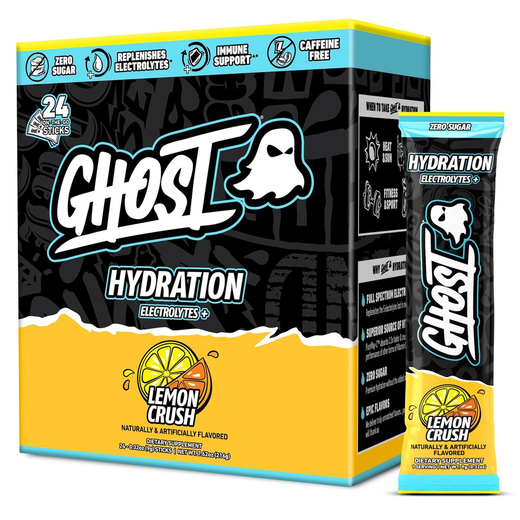 GHOST Hydration Packets, Lemon Crush, 24 Sticks, Electrolyte Powder - Drink Mix Supplement met Magnesium, Kalium, Calcium, Vitamine C - Vegan Vriendelijk, vrij van soja, Suiker & Gluten