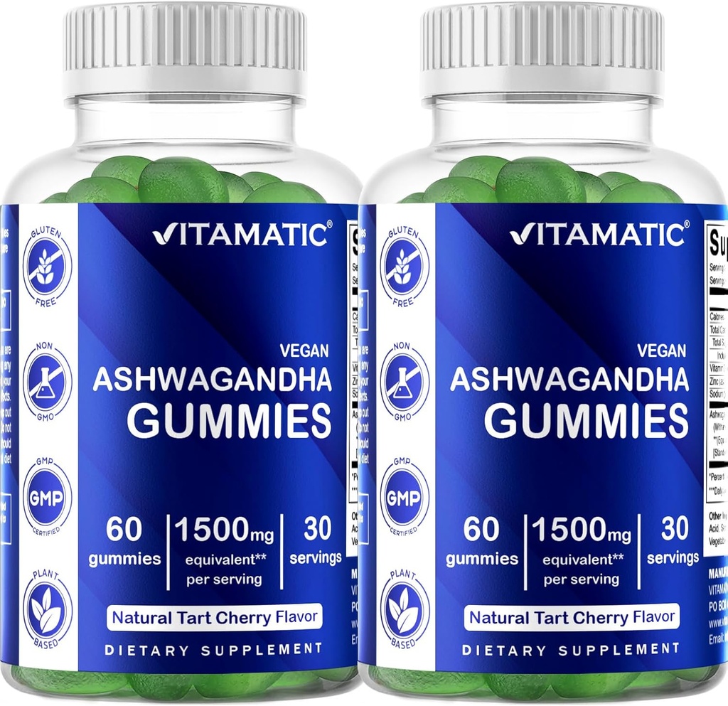 Vitamatic 2 Pack Ashwagandha Gummies 1500 mg Equivalent per portie (van 30:1 Extract 50 mg) - 60 Vegan Gummies - 3% Withanolides
