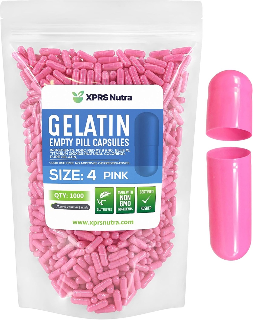 XPRS Nutra Maat 4 Lege Capsules - 1000 Tel kleine lege Gelatine Capsules - Pillen DIY Capsule vullen - Vulbare Pure Bovine Pill Gel Caps voor Do-It-Yourself Supplementen (Roze)