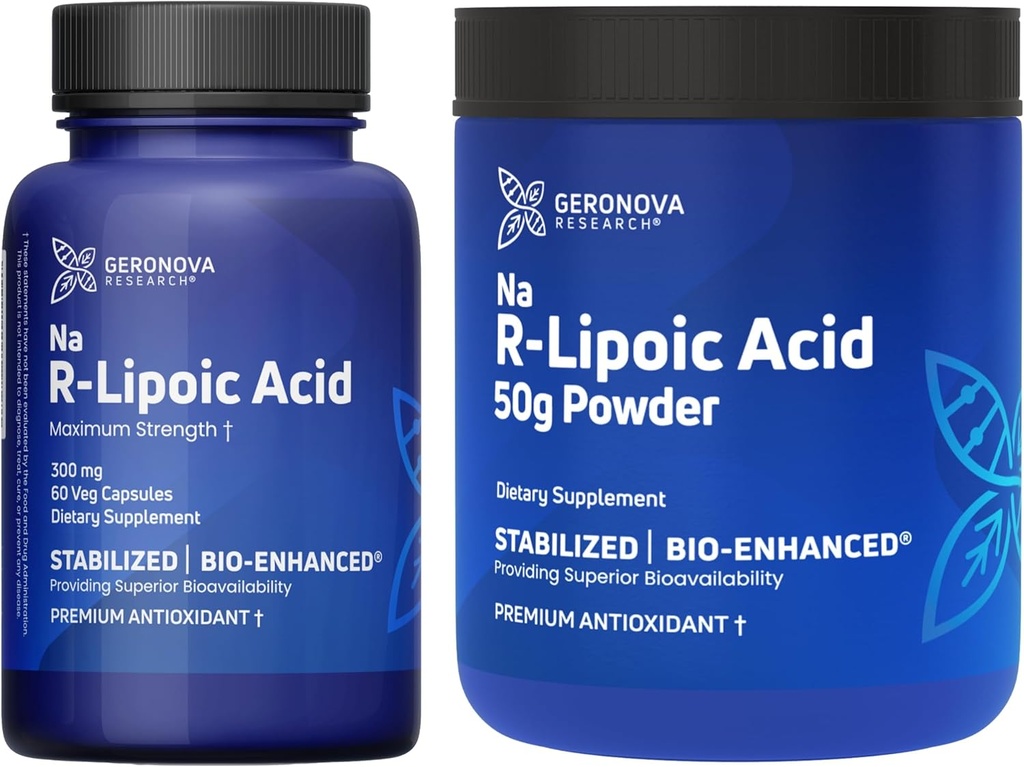 Geronova Research R-Lipoïnezuur 300mg 60 Caps, Bio-Enhanced Na R-Lipoïnezuur 50g Poederbundel
