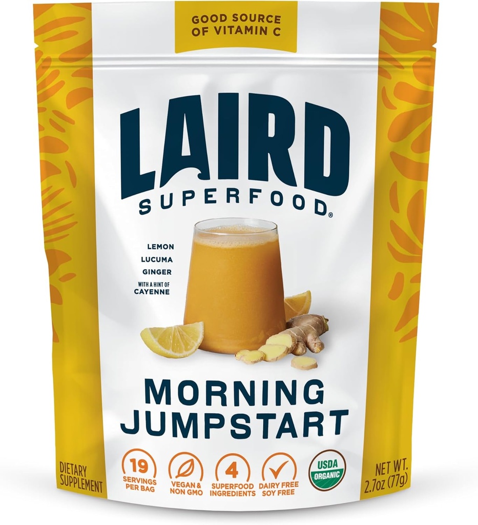 Laird Superfood Morning Jumpstart Powder Drink Supplement, Citroen, Lucuma, Ginger en Cayenne Cleanse, Biologische, 2.7 Oz Bag, Pack of 1