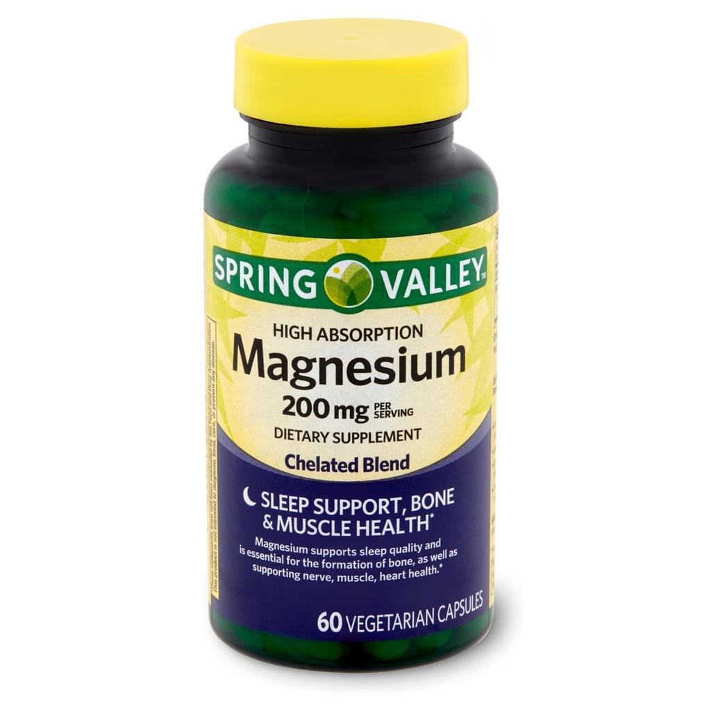 Spring Valley Hoge Absorptie Magnesium 200 mg Slaapondersteuning 60 Capsules + Uw Vitamine Gids