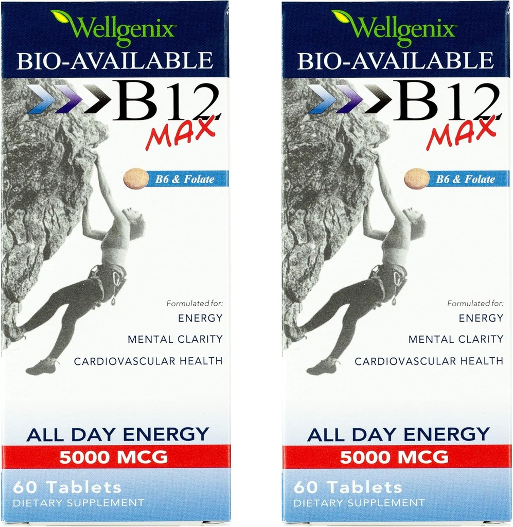 Wellgenix Bio-Beschikbare Sublingual B12 Max - Geformuleerd voor hoge absorptie - Voeding Multivitamine B12, B6, Folaat - Fast Solution (60 Ct) 2 Pack