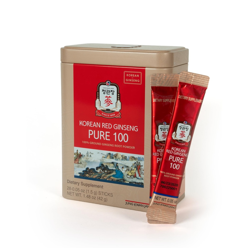 JungKwanJang Korean Red Ginseng Pure 100 - Panax Ginseng Powder Stick Supplementen - Energy Boost & Immune Support - Veganistisch, Cafeïnevrij, glutenvrij en niet-GMO (Net Wt. 1,48 oz, 30 sticks)