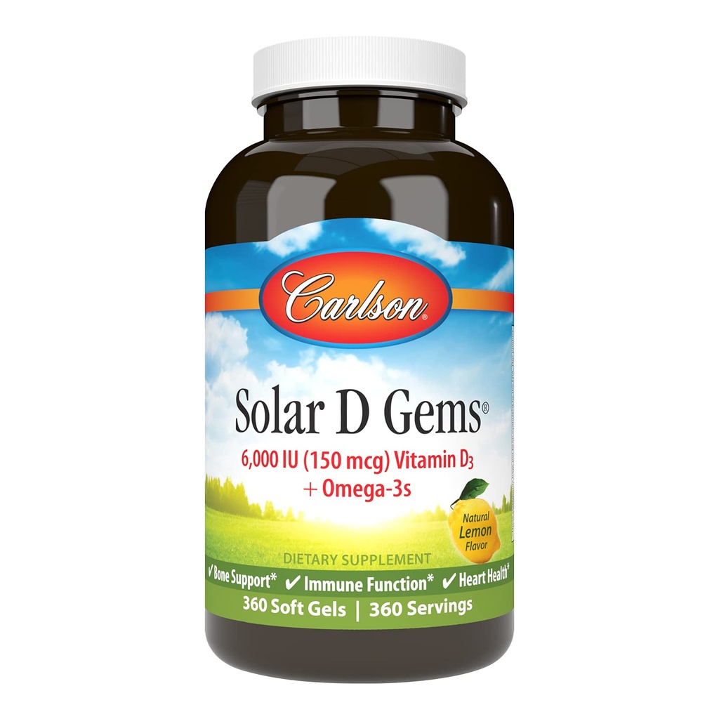 Carlson - Zonne-D Gems, Vitamine D3 en Omega-3 Supplement, 6000 IE (150 mcg) Vitamine D3, 115 mg Omega-3s EPA en DHA Supplement, Wild Caught, duurzaam geproduceerd, Citroen, 360 Softgels